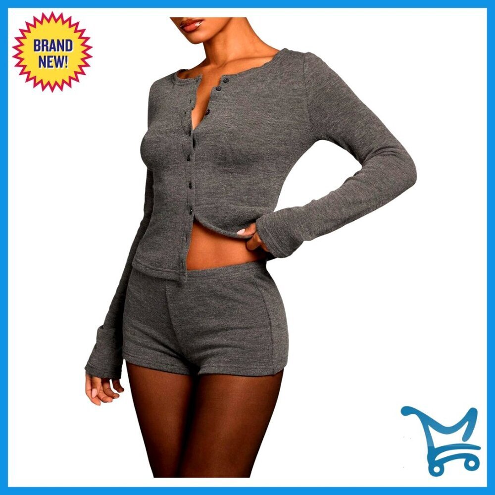 Y2K Long Sleeve Button Up Top and Micro Shorts Set Bodycon Fit Casual Wear